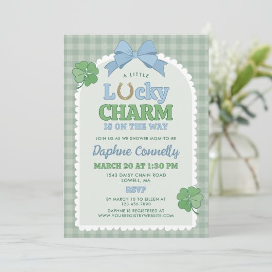 Blue Bow Horseshoe Lucky Charm Boy Baby Shower 招待状 (スタンド正面)