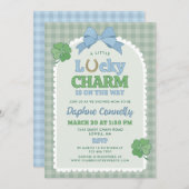 Blue Bow Horseshoe Lucky Charm Boy Baby Shower 招待状 (正面/裏面)
