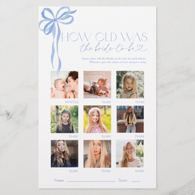 Blue Bow How Old Was The Bride Bridal Shower Game (正面)