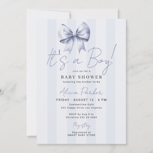 Blue bow its a boy baby shower 招待状 (正面)