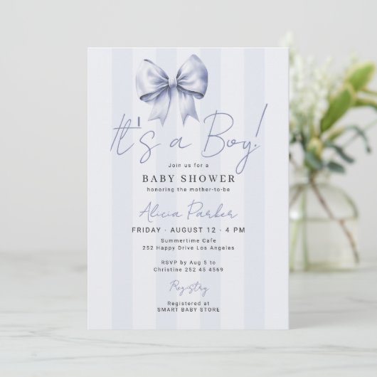 Blue bow its a boy baby shower 招待状 (スタンド正面)
