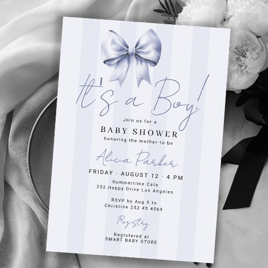 Blue bow its a boy baby shower 招待状