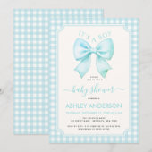 Blue Bow It's a Boy Baby Shower Gingham Plaid 招待状 (正面/裏面)