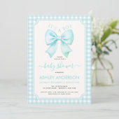 Blue Bow It's a Boy Baby Shower Gingham Plaid 招待状 (スタンド正面)