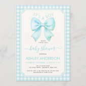 Blue Bow It's a Boy Baby Shower Gingham Plaid 招待状 (正面)