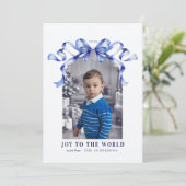 Blue Bow Joy to the World Christmas Photo シーズンカード (スタンド正面)