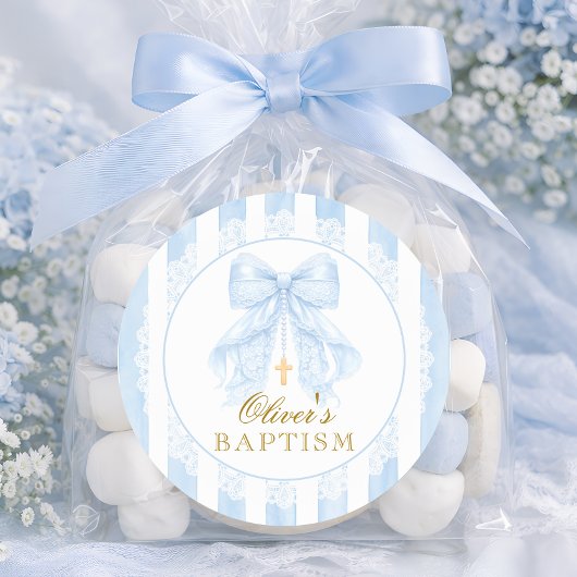 Blue Bow Lace Boy Baptism ラウンドシール