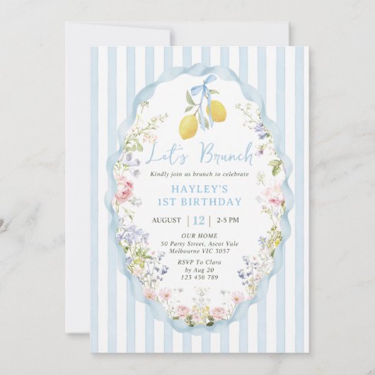 Blue bow lemon birthday Invitation 招待状 (正面)