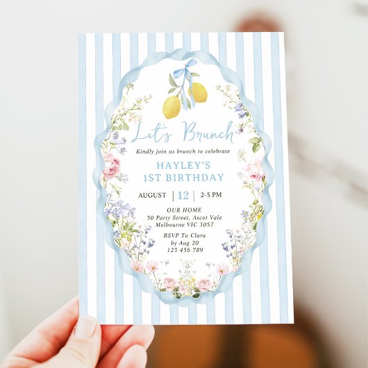 Blue bow lemon birthday Invitation 招待状