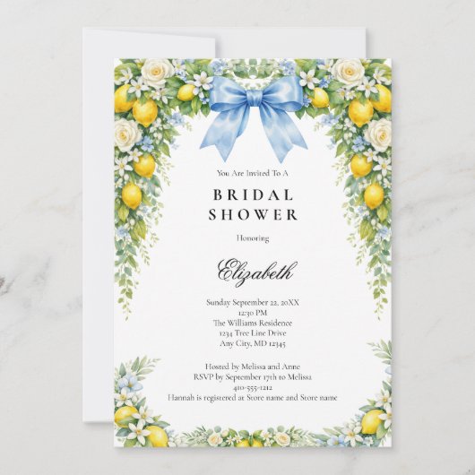 Blue Bow Lemons Florals Bridal Shower 招待状 (正面)