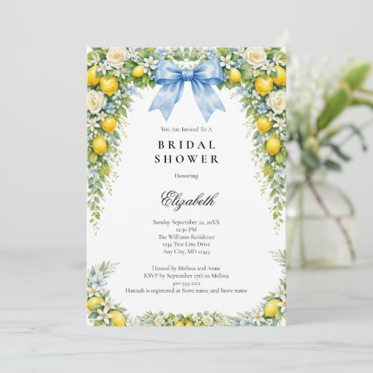 Blue Bow Lemons Florals Bridal Shower 招待状 (スタンド正面)