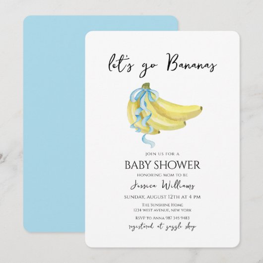 Blue Bow Let's Go Bananas Baby Shower 招待状 (正面/裏面)