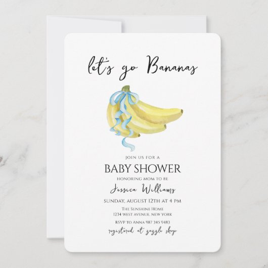 Blue Bow Let's Go Bananas Baby Shower 招待状 (正面)