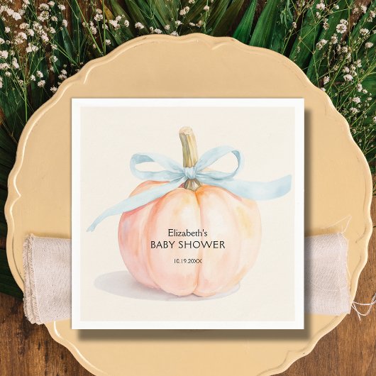 Blue Bow Little Pumpkin Baby Shower スタンダードカクテルナプキン