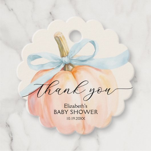 Blue Bow Little Pumpkin Baby Shower フェイバータグ (正面)