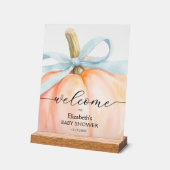 Blue Bow Little Pumpkin Baby Shower Welcome アクリルサイン (傾斜)