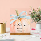 Blue Bow Little Pumpkin Baby Shower Welcome アクリルサイン (ウェディング)