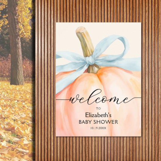Blue Bow Little Pumpkin Baby Shower Welcome ポスター