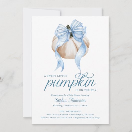 Blue Bow Little Pumpkin Boy Baby Shower 招待状 (正面)