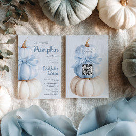 Blue Bow Little Pumpkin Boy Baby Shower QR Code  招待状