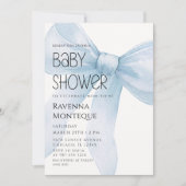 Blue Bow Minimal Elegant Personalized Baby Shower 招待状 (正面)