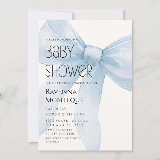 Blue Bow Minimal Elegant Personalized Baby Shower 招待状 (正面)