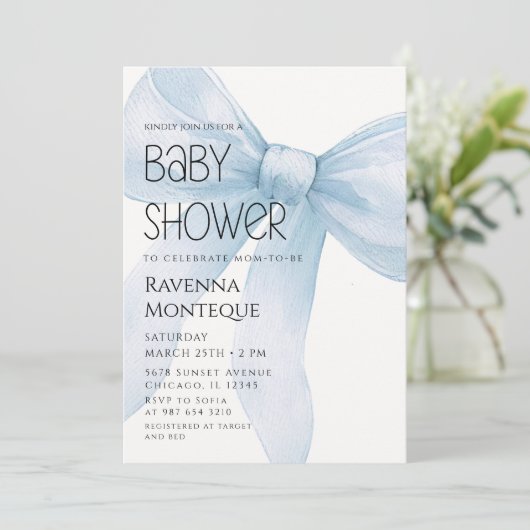 Blue Bow Minimal Elegant Personalized Baby Shower 招待状 (スタンド正面)