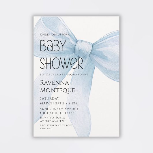 Blue Bow Minimal Elegant Personalized Baby Shower 招待状