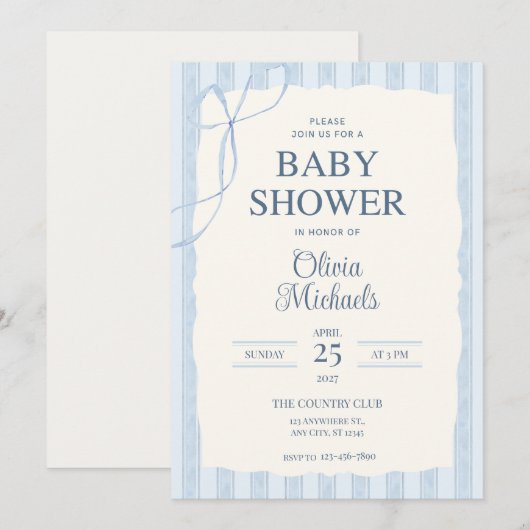 Blue Bow Minimalist Baby Shower Invitation ノートカード (正面/裏面)