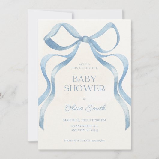 Blue Bow Minimalist Baby Shower Invitation ノートカード (正面)