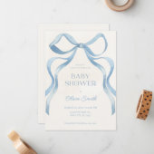 Blue Bow Minimalist Baby Shower Invitation ノートカード (正面/裏面インサイチュ)