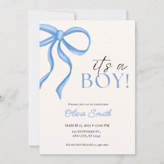 Blue Bow Minimalist Baby Shower Invitation ノートカード