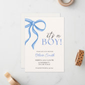 Blue Bow Minimalist Baby Shower Invitation ノートカード (正面/裏面インサイチュ)