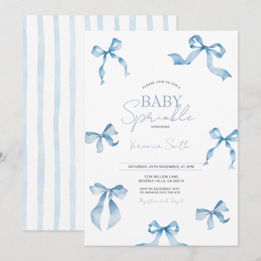 Blue Bow Modern Baby Sprinkle 招待状 (正面/裏面)