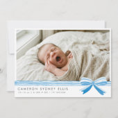 Blue Bow Modern Minimalist Script Baby Photo Birth サンキューカード (正面)