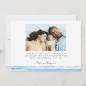 Blue Bow Modern Minimalist Script Baby Photo Birth サンキューカード (裏面)