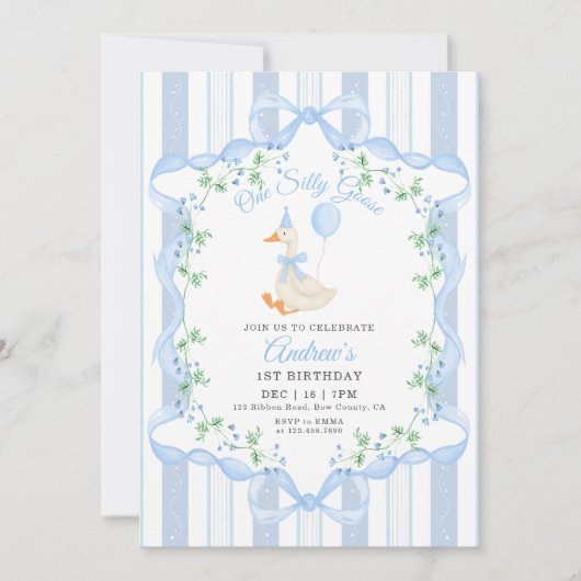 Blue Bow One Silly Goose Floral Boy 1st Birthday 招待状 (正面)