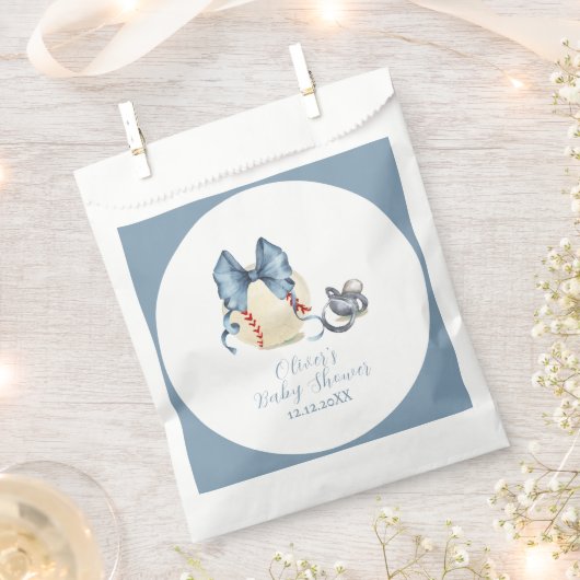Blue Bow Pacifier Baseball Sport Baby Shower フェイバーバッグ (クリップ留めされた状態)