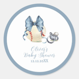 Blue Bow Pacifier Baseball Sport Baby Shower ラウンドシール