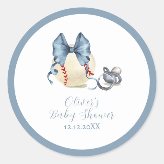 Blue Bow Pacifier Baseball Sport Baby Shower  ラウンドシール (正面)