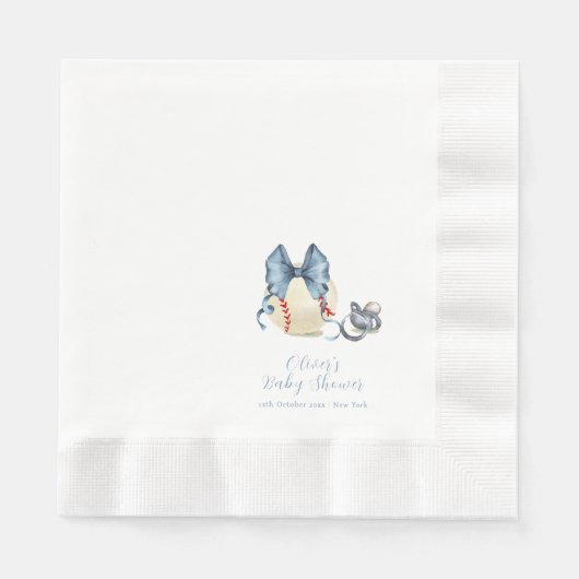 Blue Bow Pacifier Baseball Sport Baby Shower  縁ありランチョンナプキン (正面)