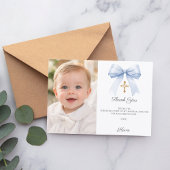 Blue bow photo boy gold cross Baptism サンキューカード