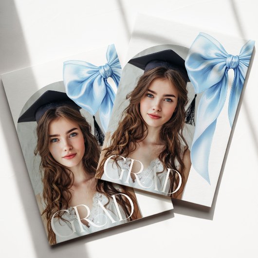 Blue Bow Photo Graduation Invitation 招待状