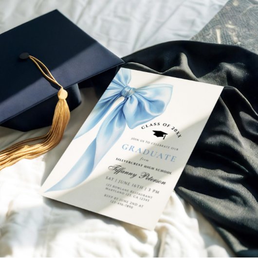 Blue Bow Photo Graduation Invitation 招待状
