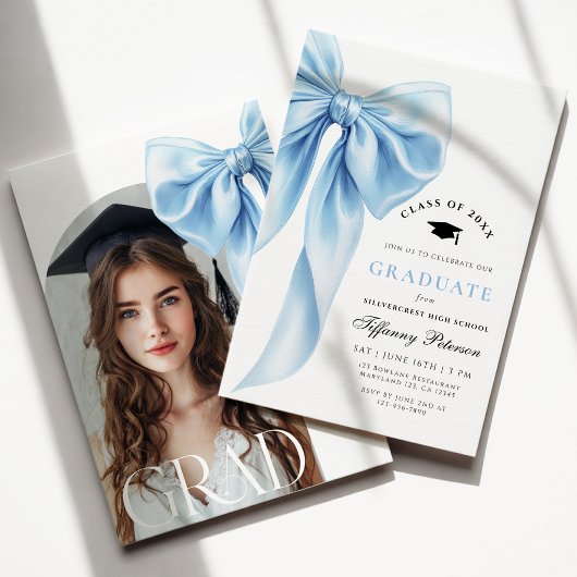 Blue Bow Photo Graduation Invitation 招待状