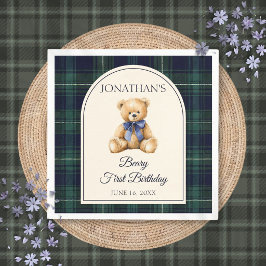 Blue Bow Preppy Teddy Bear 1st Birthday スタンダードカクテルナプキン