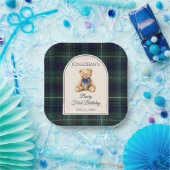 Blue Bow Preppy Teddy Bear 1st Birthday ペーパープレート (パーティー)