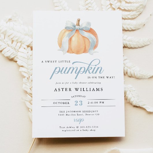 Blue Bow Pumpkin Baby Boy Shower 招待状