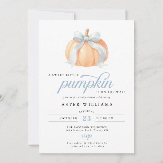 Blue Bow Pumpkin Baby Boy Shower 招待状 (正面)