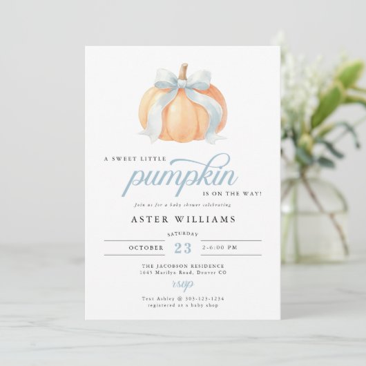 Blue Bow Pumpkin Baby Boy Shower 招待状 (スタンド正面)